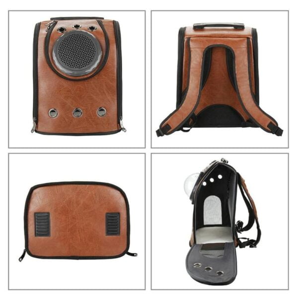 saddle brown leather bubble cat backpack all views